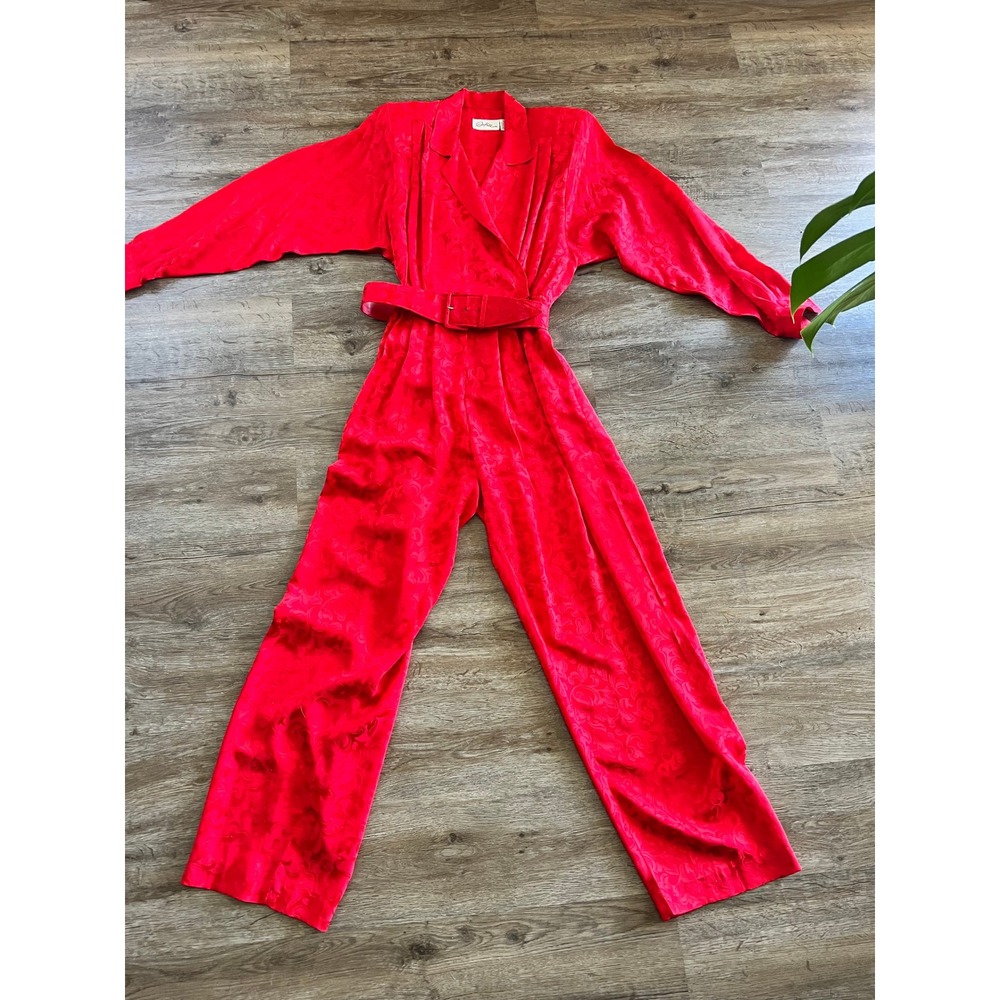Destinee Vintage Red 100% Silk Jacquard Wrap Belted Jumpsuit Size 8